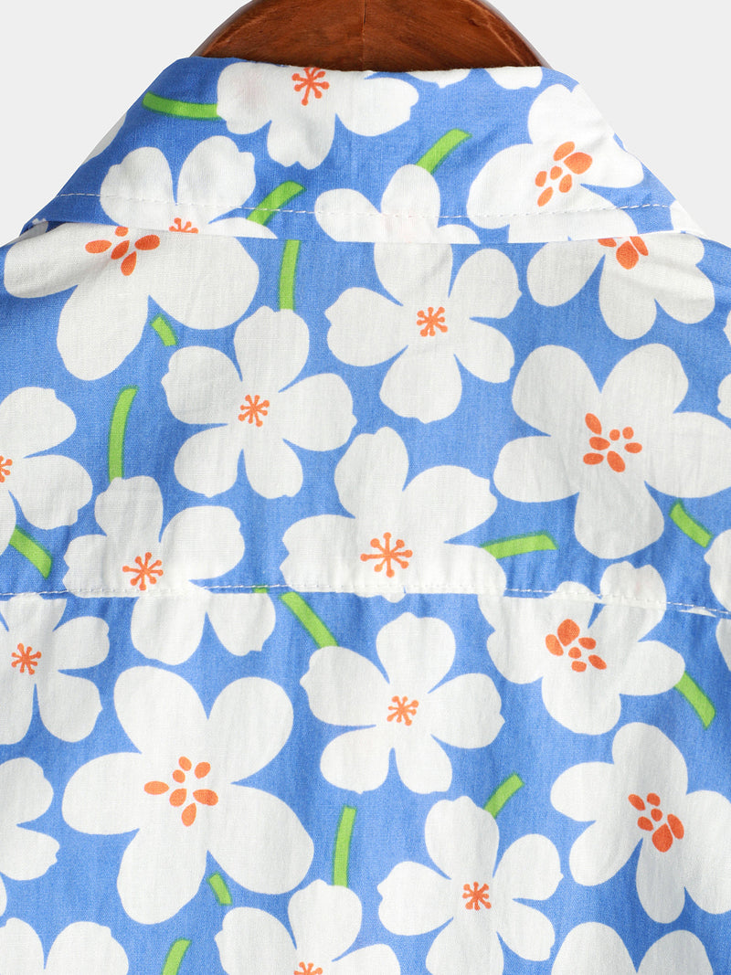 Men's Summer Floral Print Holiday Flower Resort Casual Lapel Light Blue Short Sleeve Shirt
