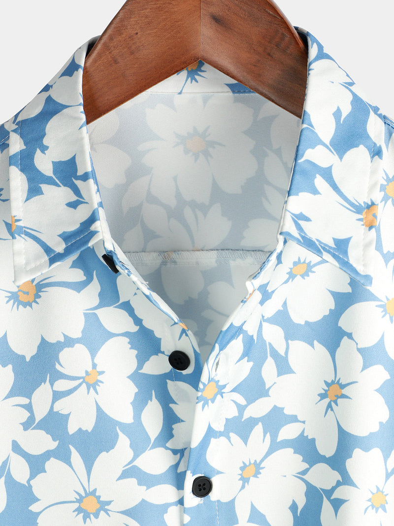 Men's Summer Floral Print Holiday Flower Resort Casual Lapel Light Blue Short Sleeve Shirt