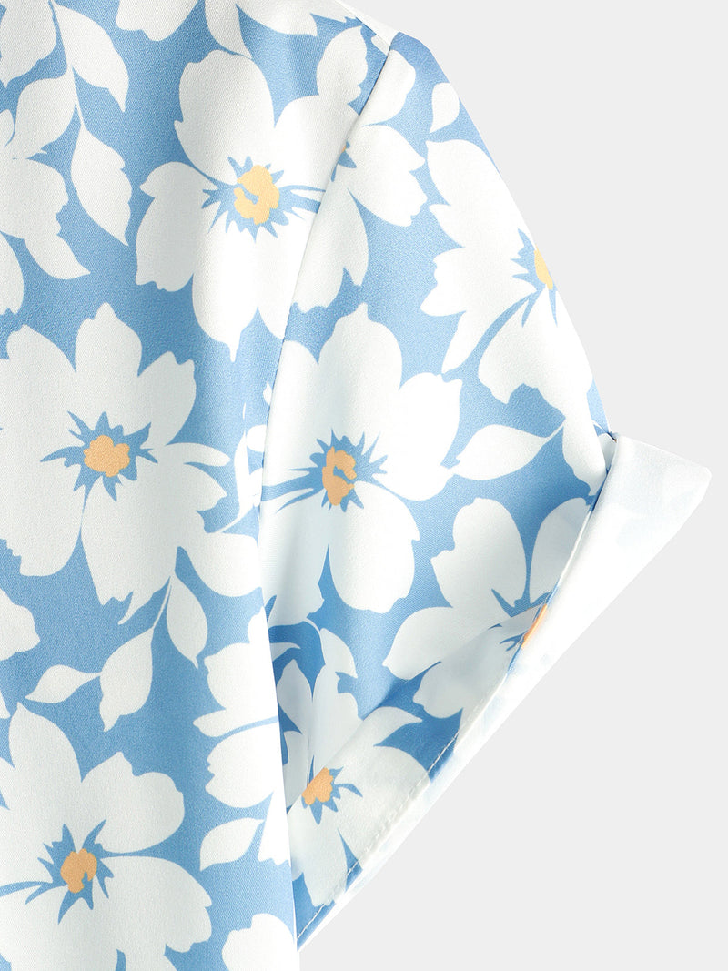 Men's Summer Floral Print Holiday Flower Resort Casual Lapel Light Blue Short Sleeve Shirt