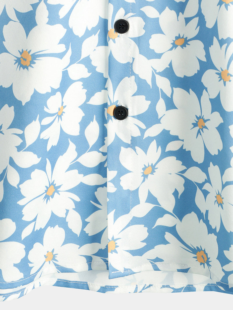 Men's Summer Floral Print Holiday Flower Resort Casual Lapel Light Blue Short Sleeve Shirt