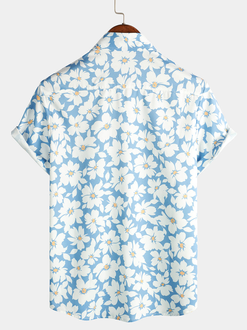 Men's Summer Floral Print Holiday Flower Resort Casual Lapel Light Blue Short Sleeve Shirt