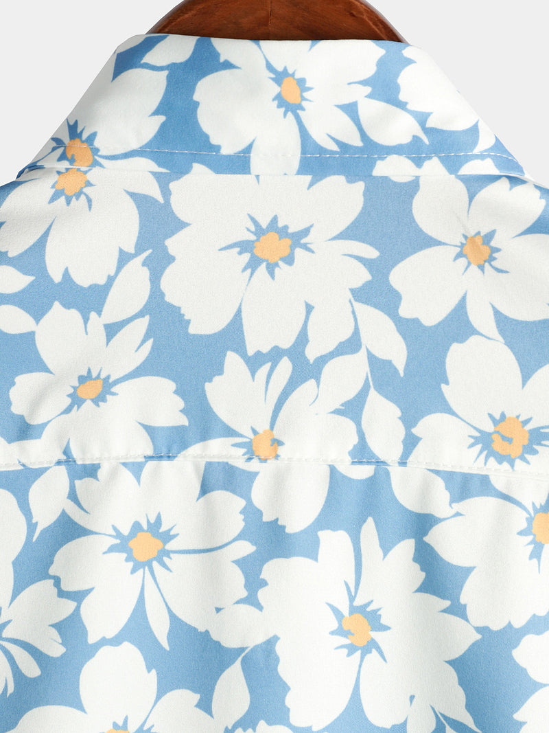 Men's Summer Floral Print Holiday Flower Resort Casual Lapel Light Blue Short Sleeve Shirt