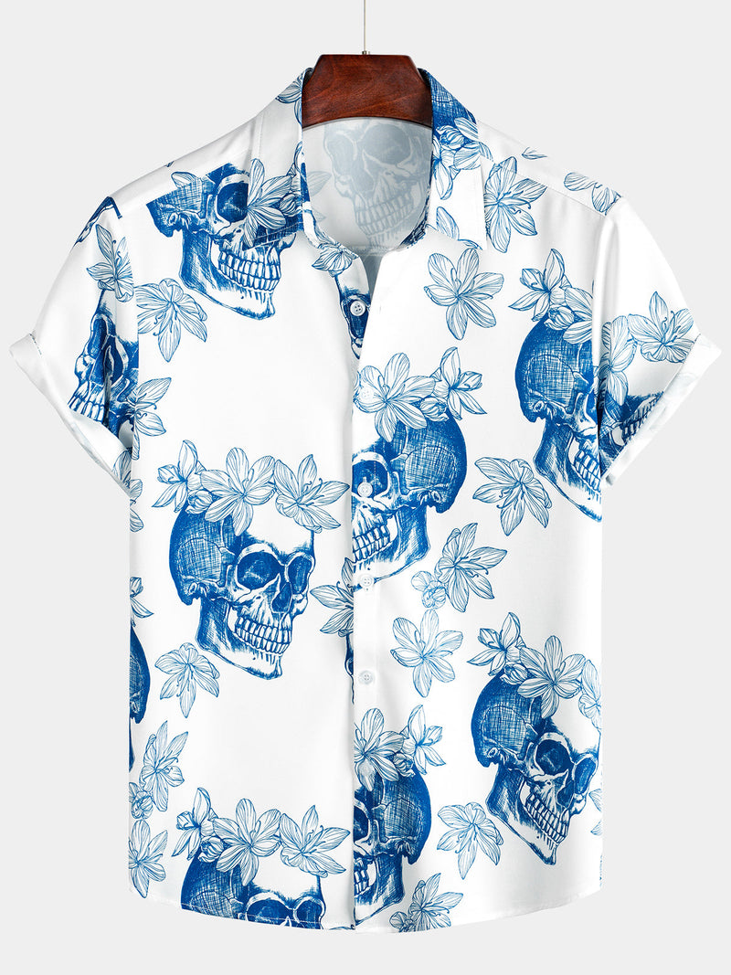 Men's Skull Rock and Roll Cool Tropical Vacation Short Sleeve Beach Crazy White Hawaiian Shirt