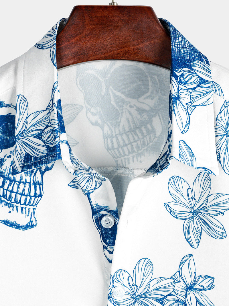 Men's Skull Rock and Roll Cool Tropical Vacation Short Sleeve Beach Crazy White Hawaiian Shirt