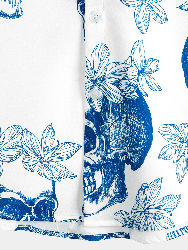 Men's Skull Rock and Roll Cool Tropical Vacation Short Sleeve Beach Crazy White Hawaiian Shirt