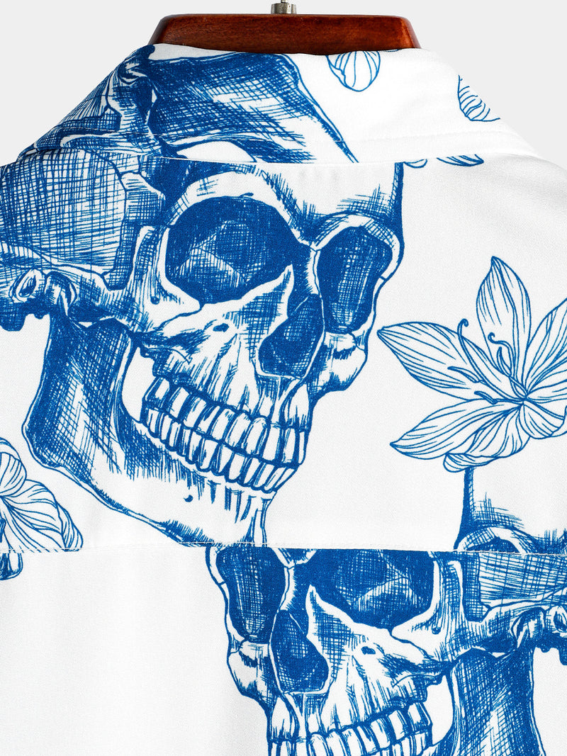 Men's Skull Rock and Roll Cool Tropical Vacation Short Sleeve Beach Crazy White Hawaiian Shirt