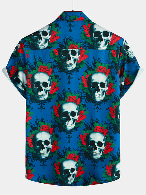 Men's Skull Rose Casual Button Up Hawaiian Party Short Sleeve Blue Shirt
