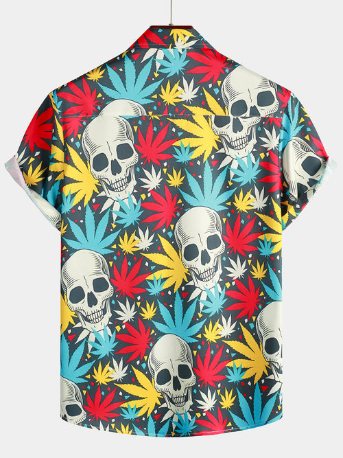 Men's Skull Maple Leafs Button Up Funny Hawaiian Party Rockabilly Summer Holiday Short Sleeve Cool Shirt