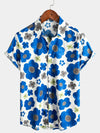 Men's Holiday Button Up Cotton Casual Blue Floral Print Summer Short Sleeve Hawaiian Shirt