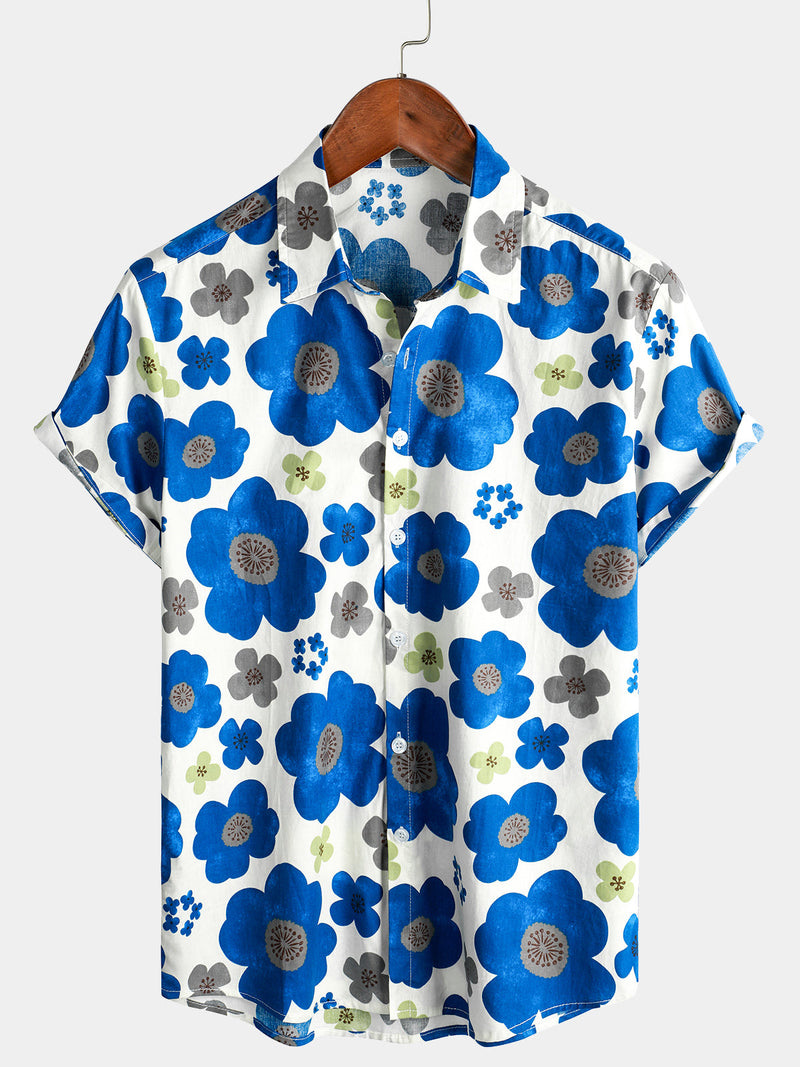 Men's Holiday Button Up Cotton Casual Blue Floral Print Summer Short Sleeve Hawaiian Shirt