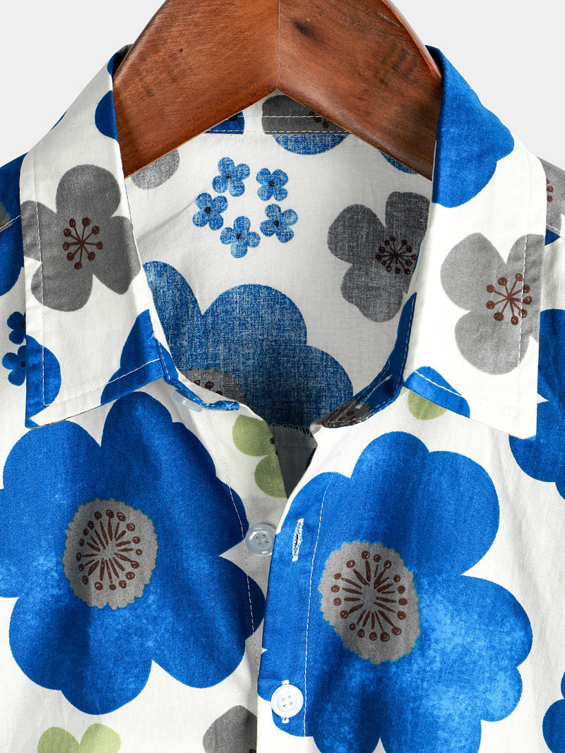 Men's Holiday Button Up Cotton Casual Blue Floral Print Summer Short Sleeve Hawaiian Shirt