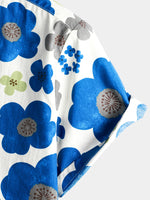 Men's Holiday Button Up Cotton Casual Blue Floral Print Summer Short Sleeve Hawaiian Shirt