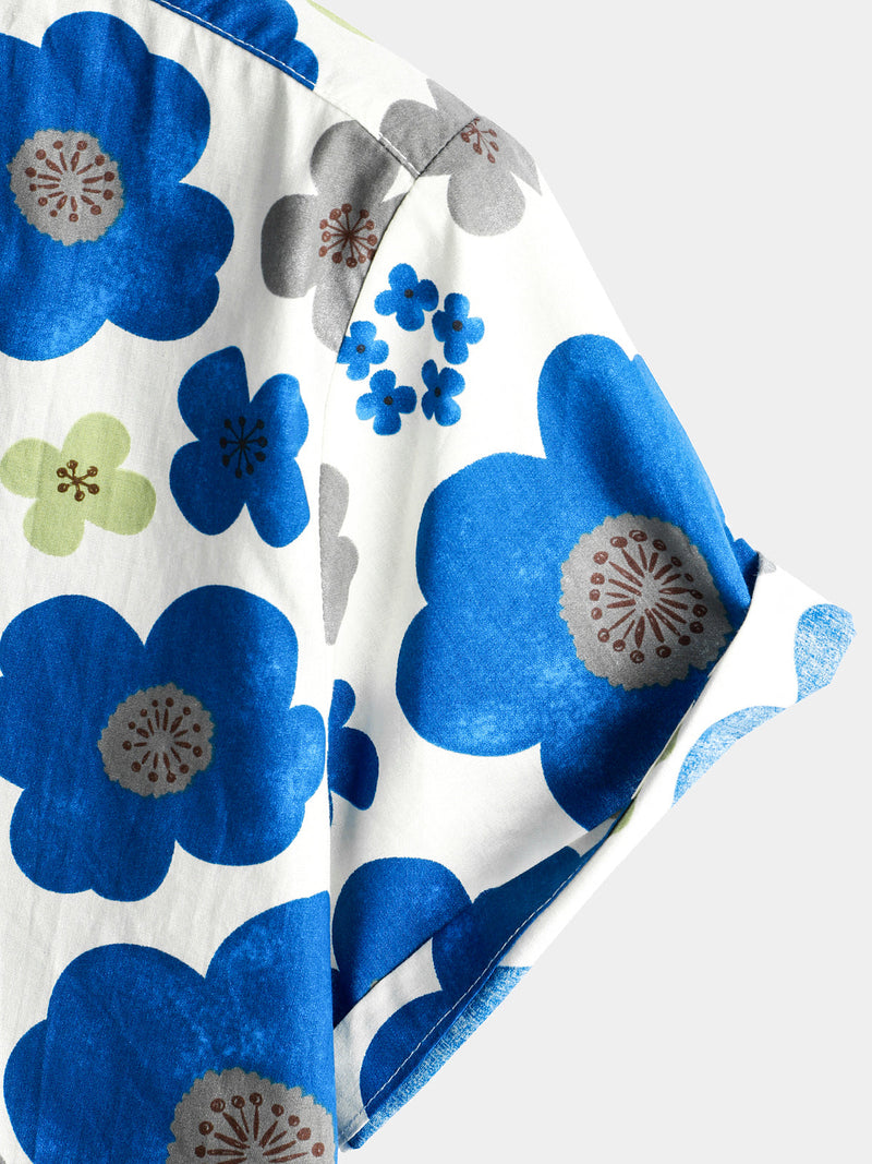 Men's Holiday Button Up Cotton Casual Blue Floral Print Summer Short Sleeve Hawaiian Shirt