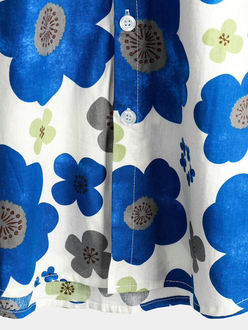 Men's Holiday Button Up Cotton Casual Blue Floral Print Summer Short Sleeve Hawaiian Shirt
