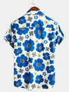 Men's Holiday Button Up Cotton Casual Blue Floral Print Summer Short Sleeve Hawaiian Shirt