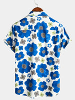 Men's Holiday Button Up Cotton Casual Blue Floral Print Summer Short Sleeve Hawaiian Shirt