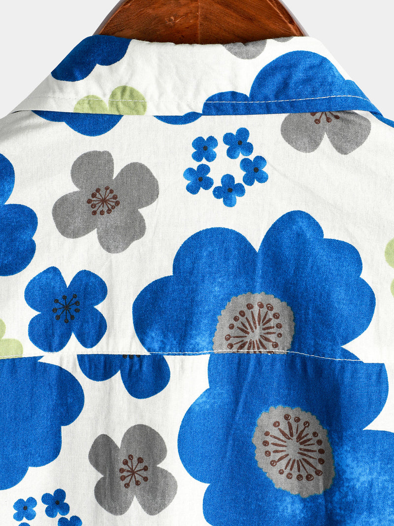 Men's Holiday Button Up Cotton Casual Blue Floral Print Summer Short Sleeve Hawaiian Shirt