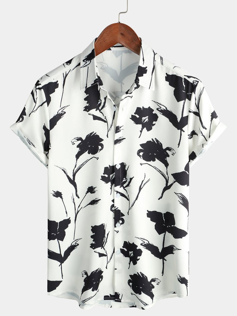 Men's Casual Floral Button Up Black And White Short Sleeve Shirt