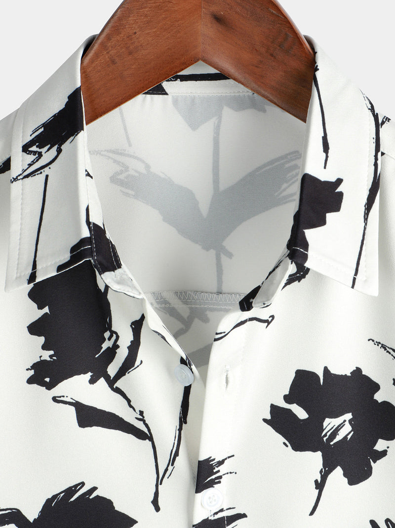Men's Casual Floral Button Up Black And White Short Sleeve Shirt