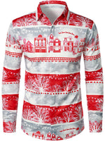Men's Snowflake Striped Print Button Up Long Sleeve Lapel Christmas Shirt