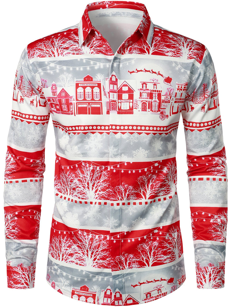 Men's Snowflake Striped Print Button Up Long Sleeve Lapel Christmas Shirt