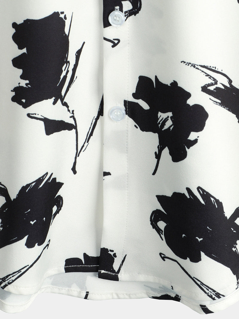 Men's Casual Floral Button Up Black And White Short Sleeve Shirt