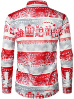 Men's Snowflake Striped Print Button Up Long Sleeve Lapel Christmas Shirt