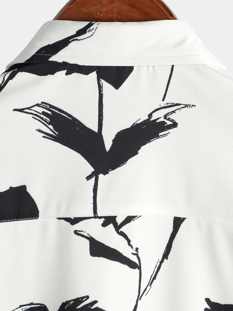 Men's Casual Floral Button Up Black And White Short Sleeve Shirt
