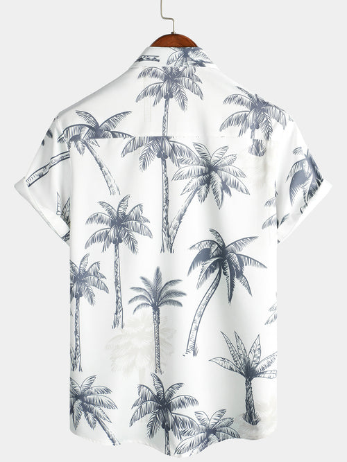 Men's Tropical Print Aloha Vacation Beach Coconut Tree Short Sleeve White Hawaiian Shirt