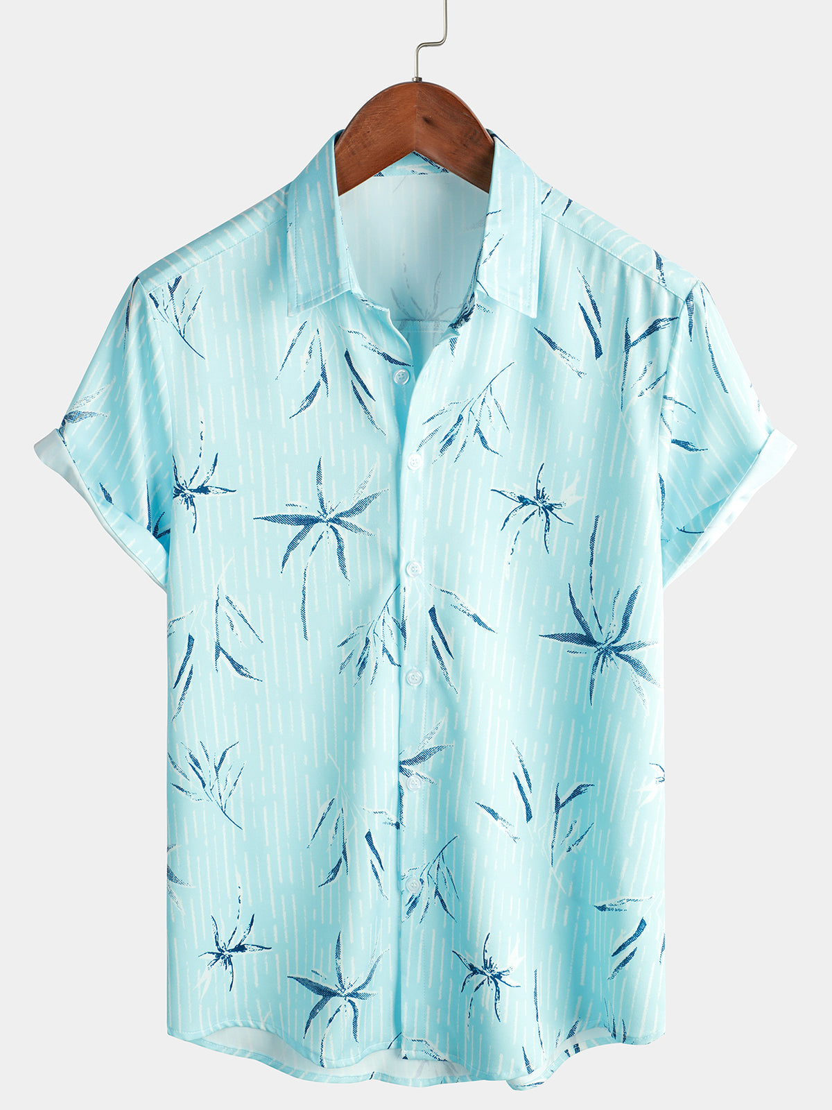 Men's Bamboo Striped Print Aloha Vacation Beach Cool Button Up Short Sleeve Blue Hawaiian Shirt