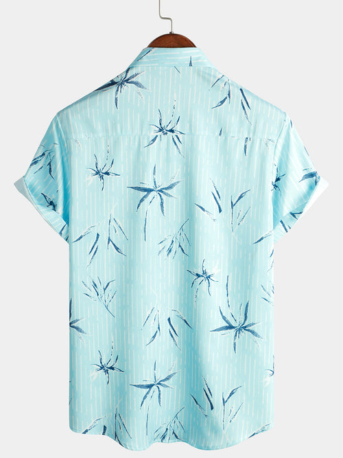 Men's Bamboo Striped Print Aloha Vacation Beach Cool Button Up Short Sleeve Blue Hawaiian Shirt