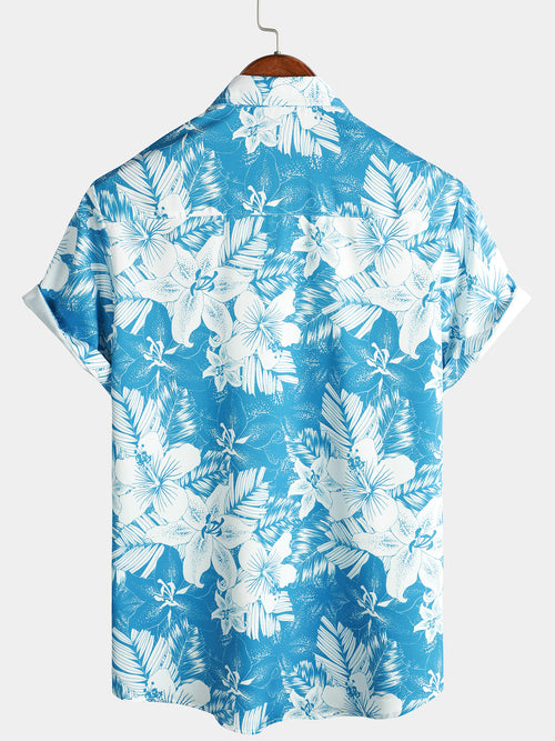 Men's Blue Tropical Floral Print Aloha Vacation Beach Short Sleeve Summer Hawaiian Shirt