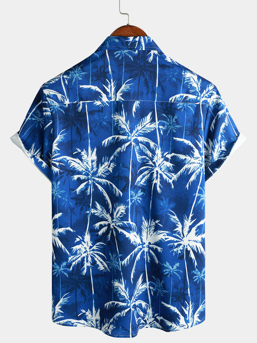 Men's Blue Tropical Coconut Tree Print Aloha Vacation Beach Short Sleeve Hawaiian Shirt
