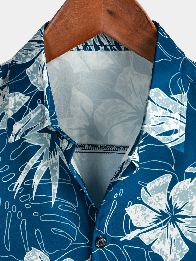 Men's Blue Tropical Print Aloha Vacation Beach Short Sleeve Holiday Hawaiian Shirt