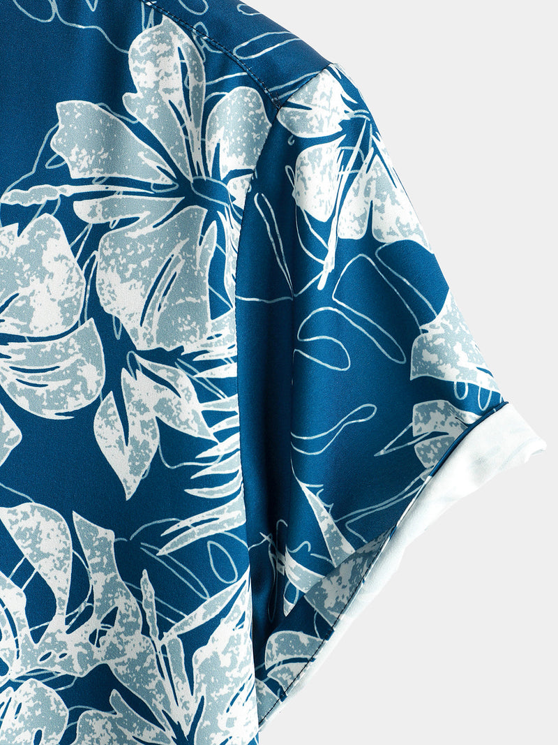 Men's Blue Tropical Print Aloha Vacation Beach Short Sleeve Holiday Hawaiian Shirt