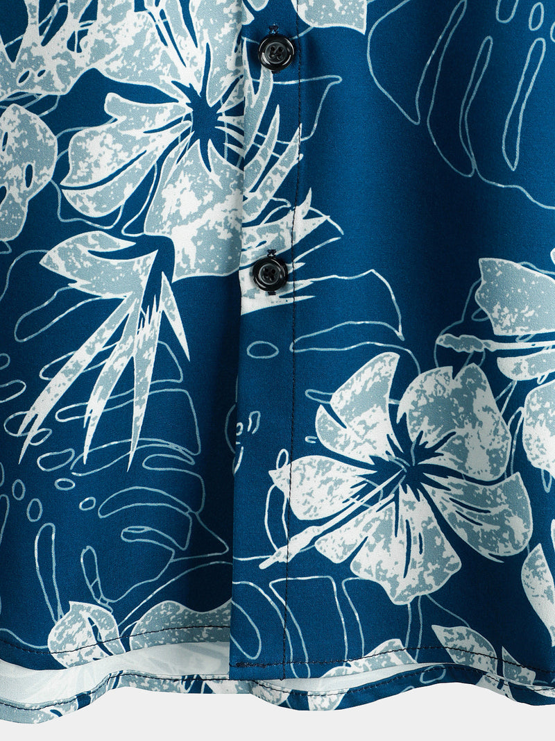 Men's Blue Tropical Print Aloha Vacation Beach Short Sleeve Holiday Hawaiian Shirt
