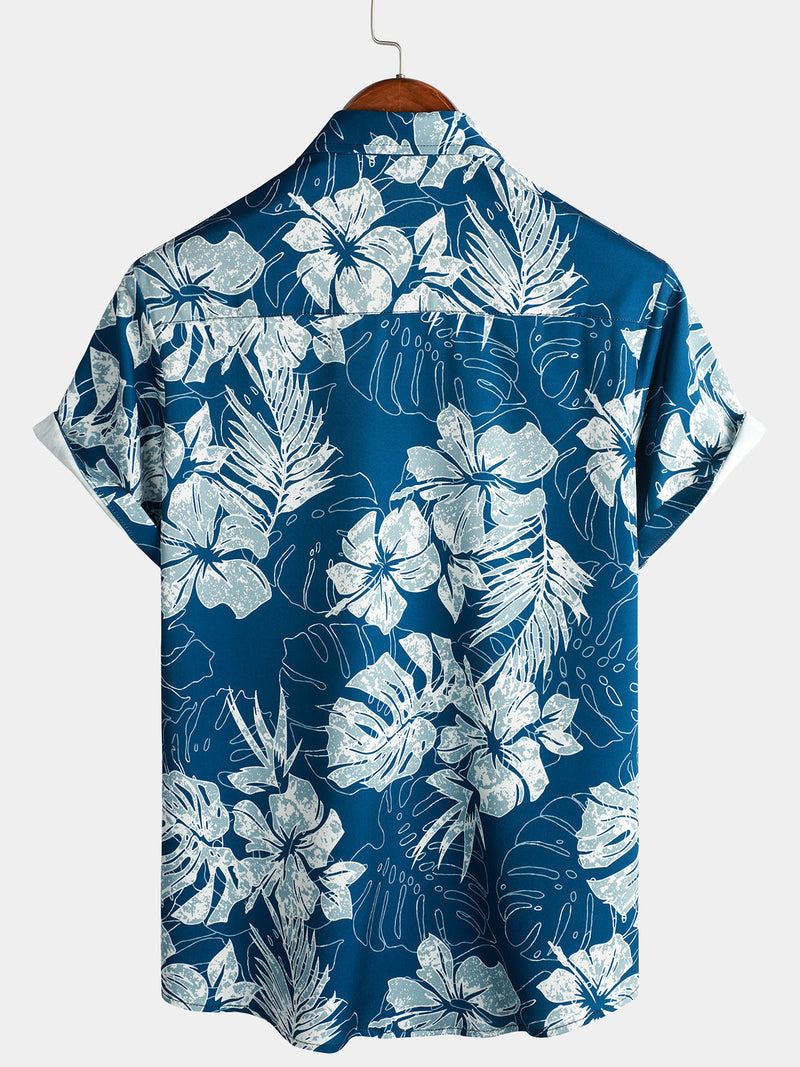 Men's Blue Tropical Print Aloha Vacation Beach Short Sleeve Holiday Hawaiian Shirt