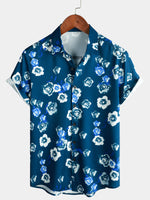 Men's Holiday Summer Casual Floral Button Up Navy Blue Short Sleeve Shirt