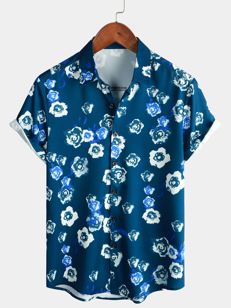 Men's Holiday Summer Casual Floral Button Up Navy Blue Short Sleeve Shirt