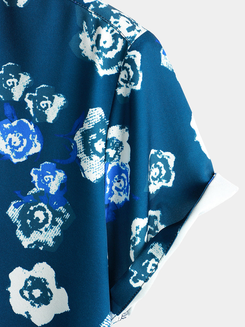 Men's Holiday Summer Casual Floral Button Up Navy Blue Short Sleeve Shirt