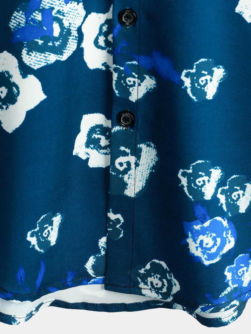 Men's Holiday Summer Casual Floral Button Up Navy Blue Short Sleeve Shirt