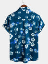 Men's Holiday Summer Casual Floral Button Up Navy Blue Short Sleeve Shirt