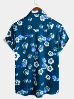 Men's Holiday Summer Casual Floral Button Up Navy Blue Short Sleeve Shirt