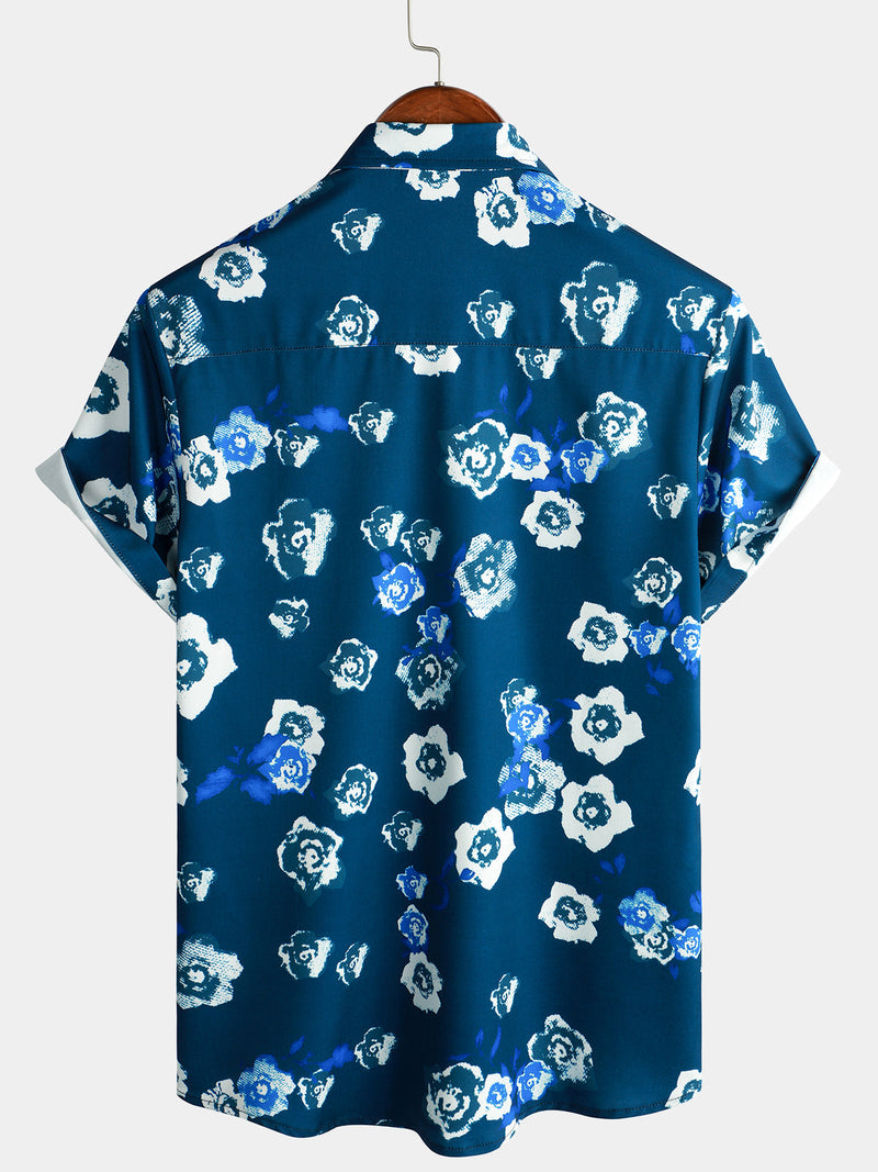 Men's Holiday Summer Casual Floral Button Up Navy Blue Short Sleeve Shirt