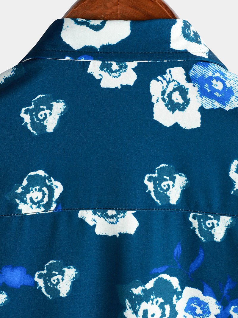 Men's Holiday Summer Casual Floral Button Up Navy Blue Short Sleeve Shirt