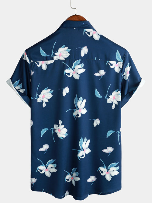 Men's Summer Casual Floral Button Up Navy Blue Short Sleeve Shirt