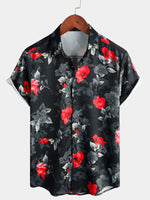Men's Casual Floral Button Up Summer Beach Black Short Sleeve Shirt