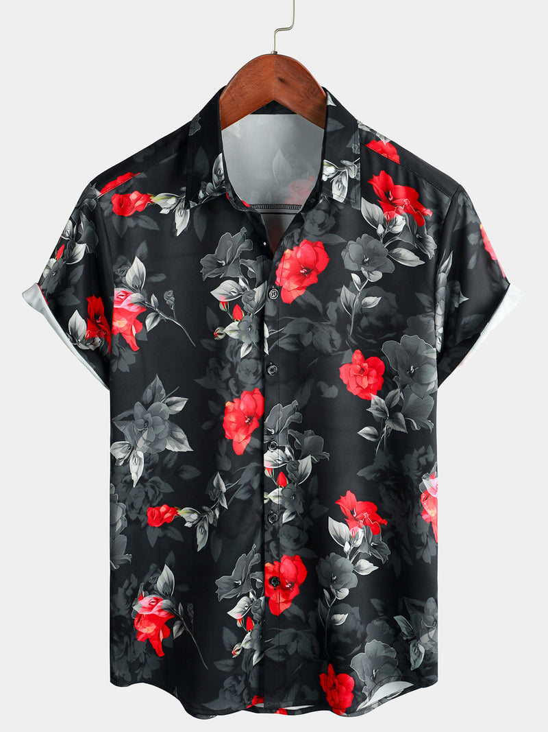 Men's Casual Floral Button Up Summer Beach Black Short Sleeve Shirt