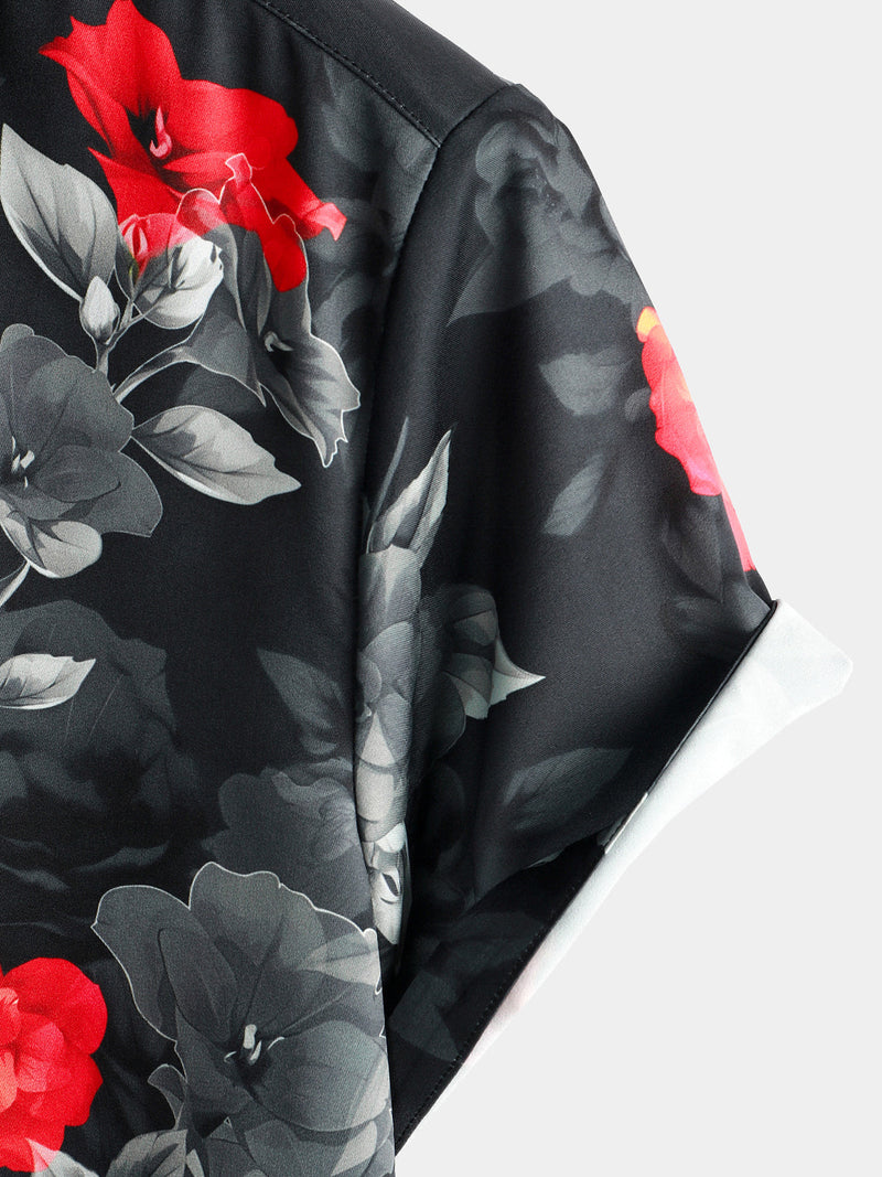 Men's Casual Floral Button Up Summer Beach Black Short Sleeve Shirt