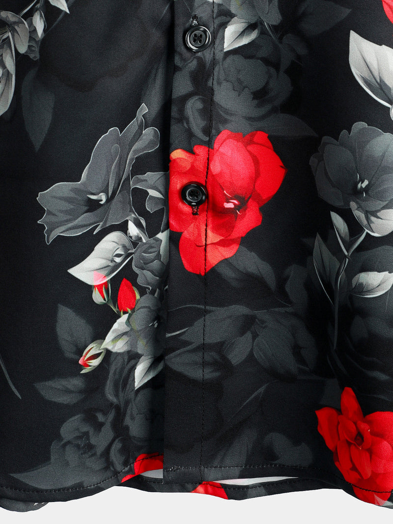 Men's Casual Floral Button Up Summer Beach Black Short Sleeve Shirt